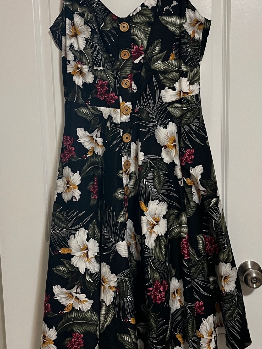 Hell Bunny Black Floral Midi Dress with White & Green Tropical Print